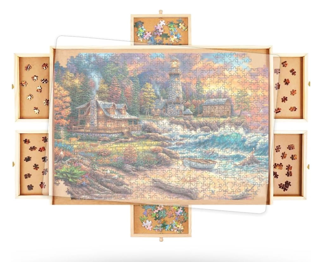 2000 Piece Wooden Jigsaw Puzzle Board 41.5" x 30" with 6 Drawers Rotating
