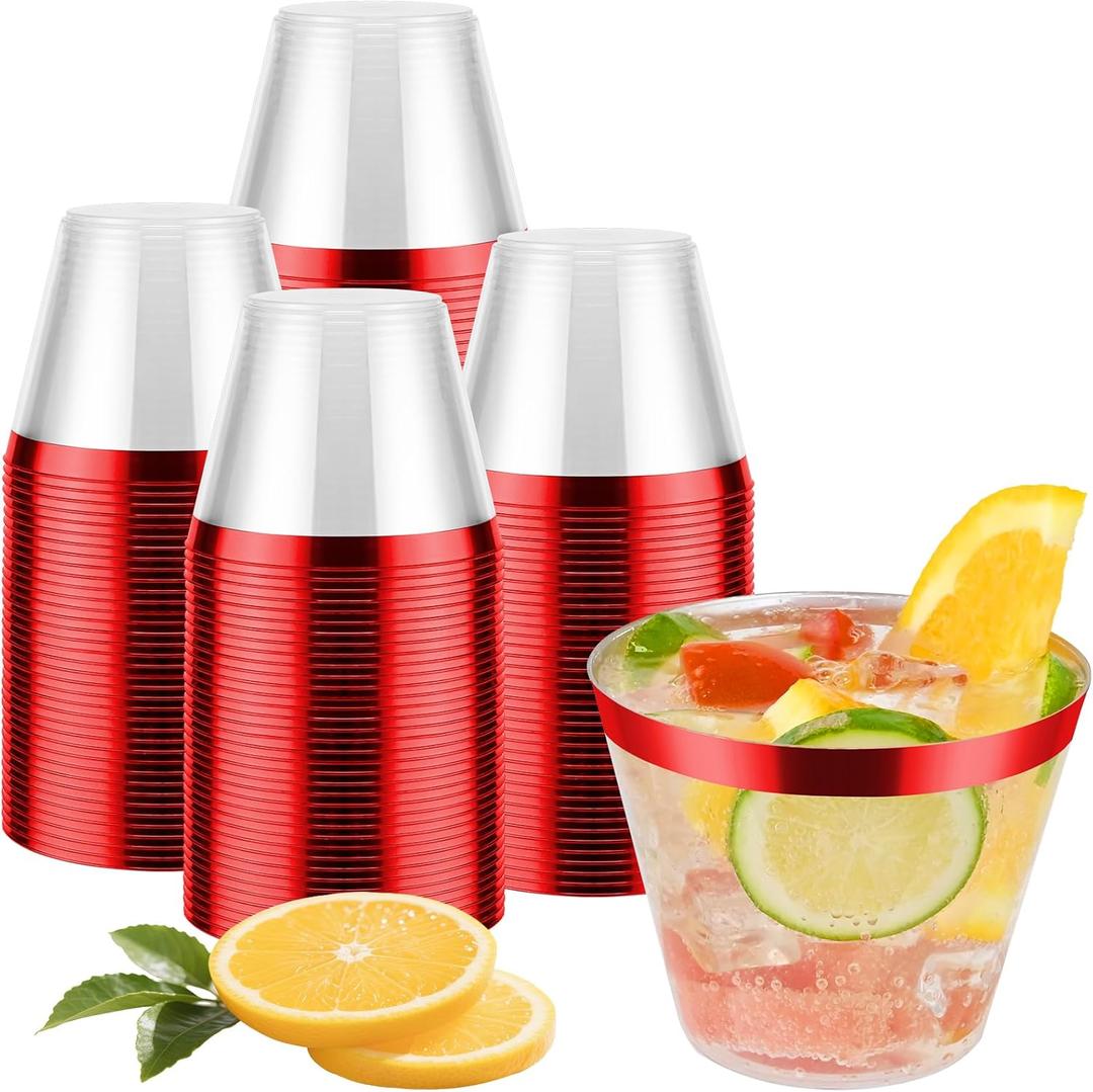 100pcs Red and Clear Plastic Cups, 9oz Plastic Cups Red Rimmed Disposable Cocktail Glasses Fancy Disposable Cup Drinking Tumblers Shot Cup for Wedding Party