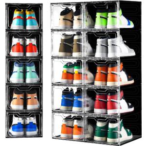 Clemate Upgraded X-Large Shoe Organizer,Shoe Storage Organizer,12 Pack,Shoe Box Clear Plastic Stackable,Drop Front Shoe Box with Clear Door, Shoe Containers For Sneaker Display,Fit up to US Size12