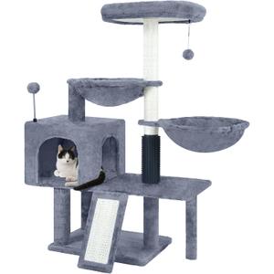 Cat Tree with Cat Condo and Hammock,Cat Tower with Self-Grooming Brush,Toy Balls,Scratching Posts and Scratching Pads,Cat Tree Tower for Indoor Cats, Grey
