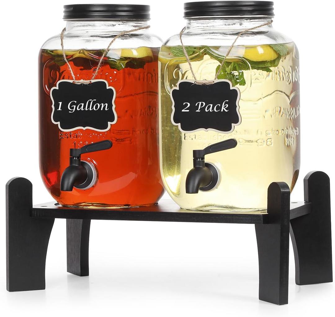 1 Gallon 2 pack Glass Drink Dispensers for Parties, Ice Beverage Dispensers with Stand, Juice Dispenser, Glass Water Dispenser with Stainless Steel Spigot, Lemonade Dispenser