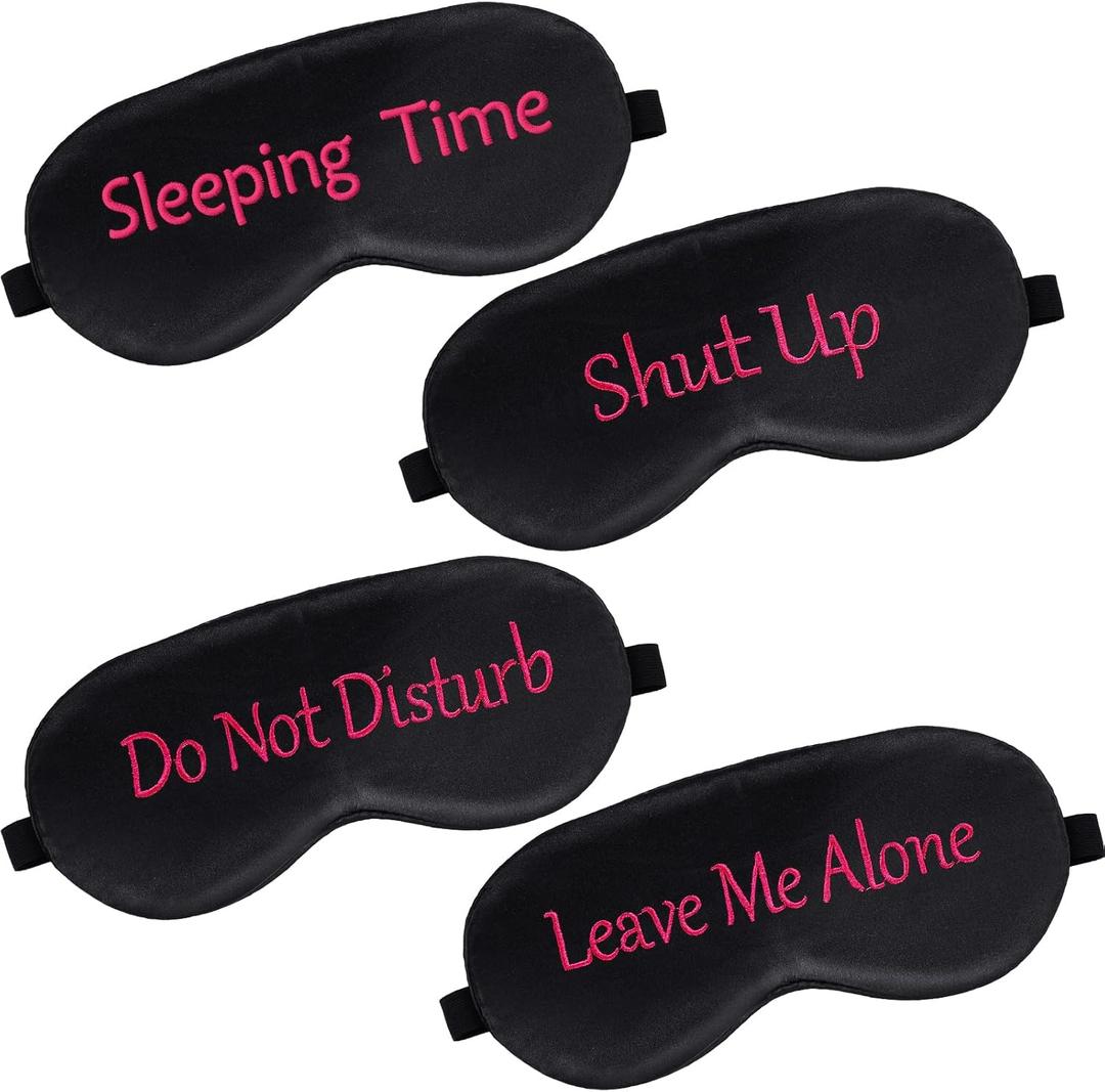 Geyoga 4 Pieces Funny Eye Mask for Sleep Soft Satin Blocking Blindfold with Adjustable Strap Silk Eye Cover Out Lights for Women Men Travel, Nap, Meditation (Black with Red Words,Classic Style) (1 Count (Pack of 4))