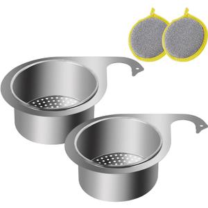 Swan Stainless Steel Sink Strainer Basket with Fast-Draining Side Drain, Includes 2 Double-Sided Scrubbing Sponges for Kitchen, Fruit, Vegetable & Food Waste Disposal (2 Pcs)