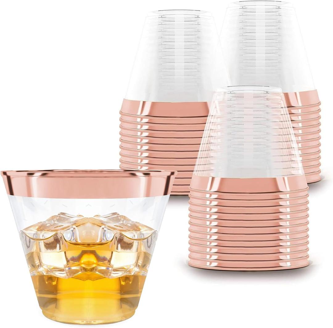 Prestee 100 Rose Gold Plastic Cups - Rose Gold Plastic Cups 9 oz - Party Decorations - Disposable Wine Cup - Clear Cup - Bulk Party Wine Glasses