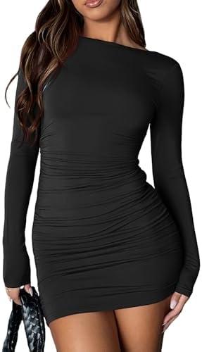 HOT ROEE Women's Going Out Bodycon Long Sleeve Round Neck Ruched Party Club Mini Dresses, Size M
