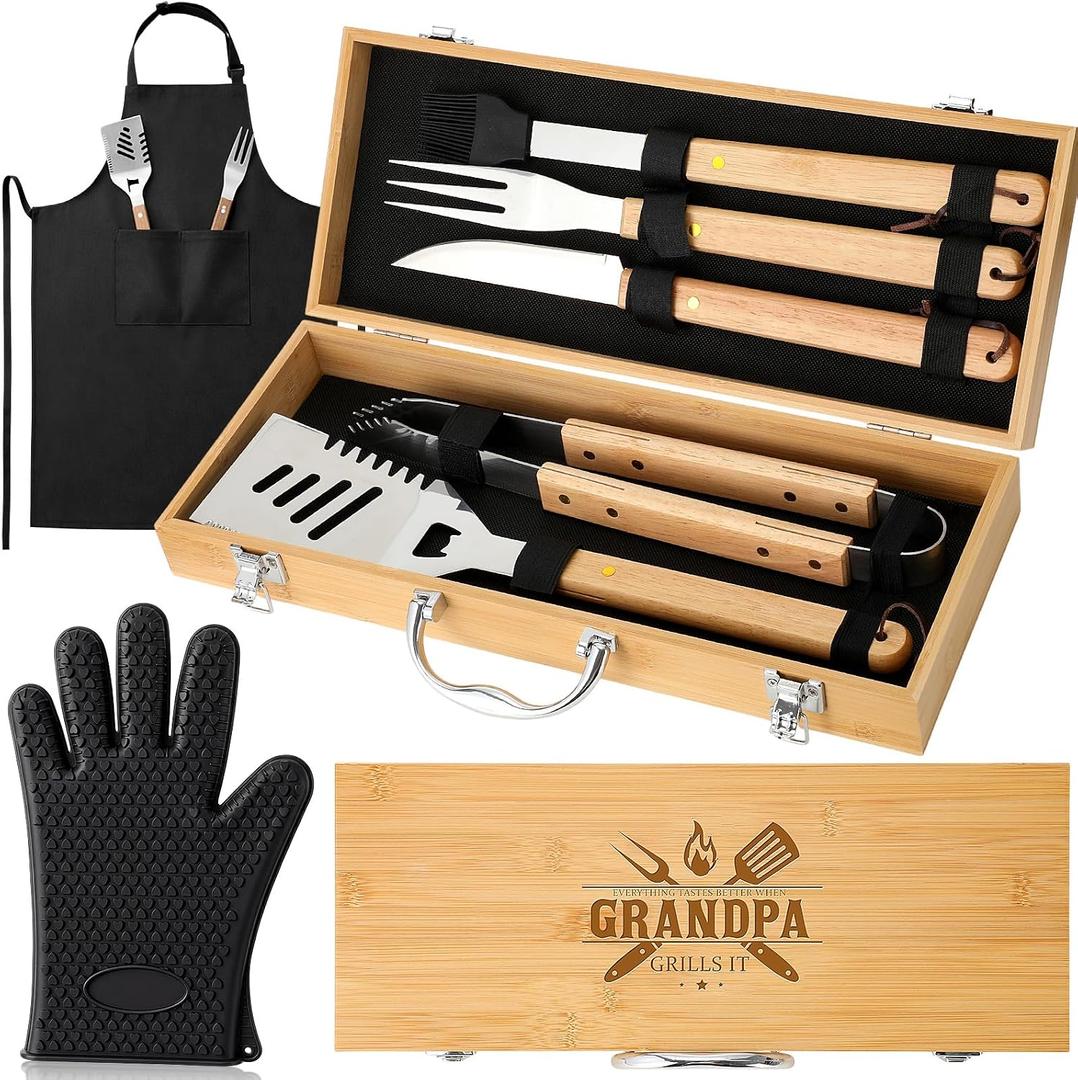 8 Pcs Grandpa Gifts from Grandkids Grandpa Grilling Gift Heavy Duty Wooden BBQ Grilling Accessories Tools for Outdoor Grill with Wood Case, Apron and Oven Mitts for Grandad Grandfather