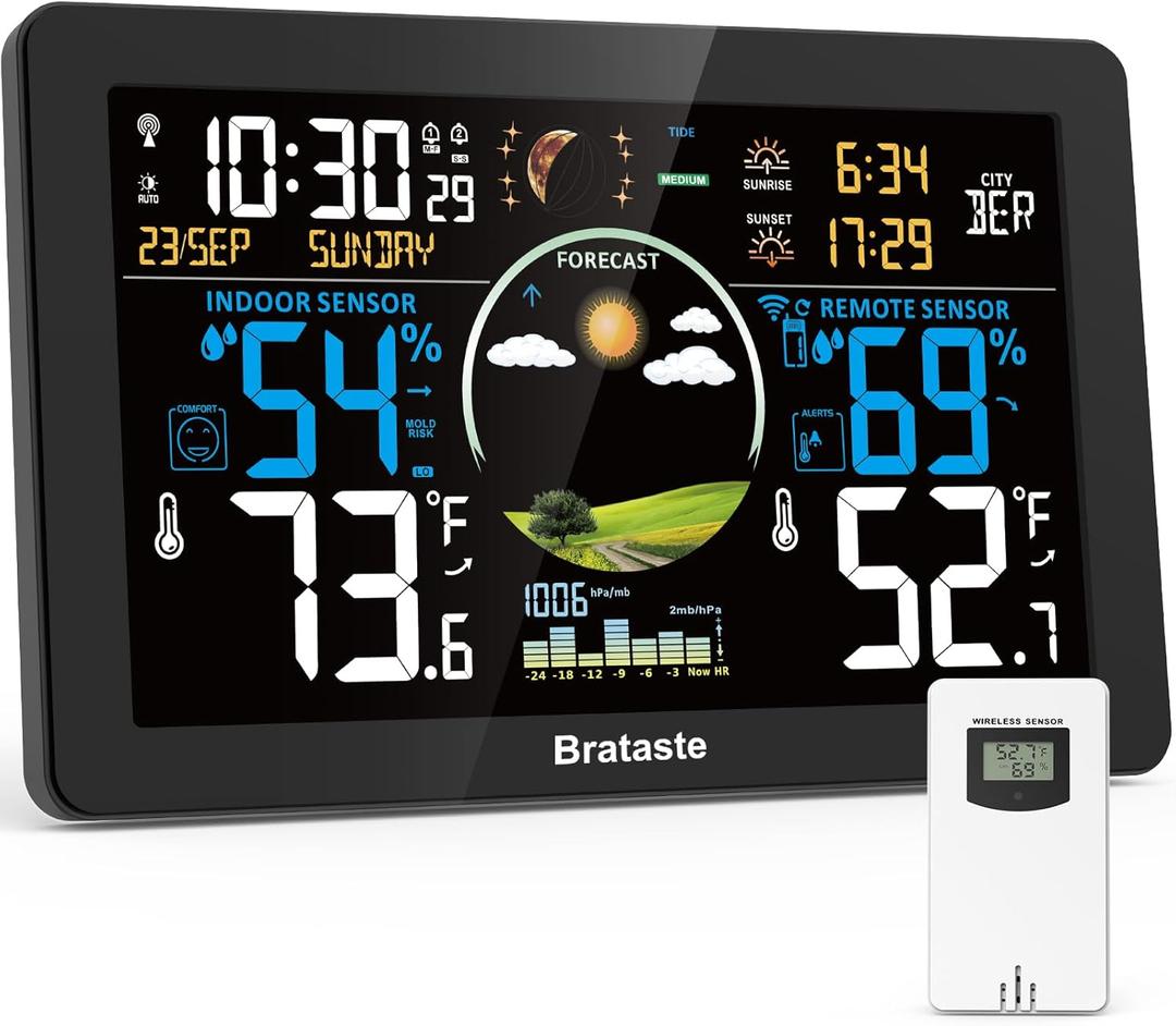 Weather Station Wireless Indoor Outdoor, Digital Thermometer with Remote Sensor, 7.5'' HD VA Display Home Weather Stations, Accurate Temperature Humidity Gauge with Weather Forecast, Atomic Clock (Black)