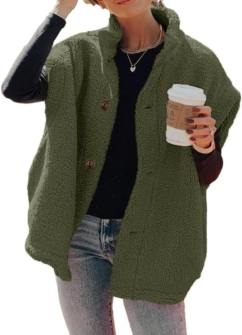Hongqizo Womens Fuzzy Fleece Vest Casual Oversized Warm Button Down Sherpa Vest Jacket with Pockets (Medium, Green)