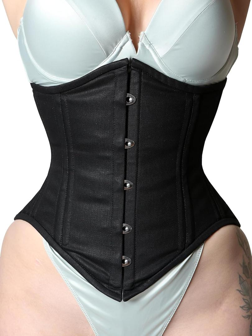 Heavy Duty Waist Trainer Womens Conical Curvy Corset Underbust Steel Boned Cotton Corset (X-Small, Black)