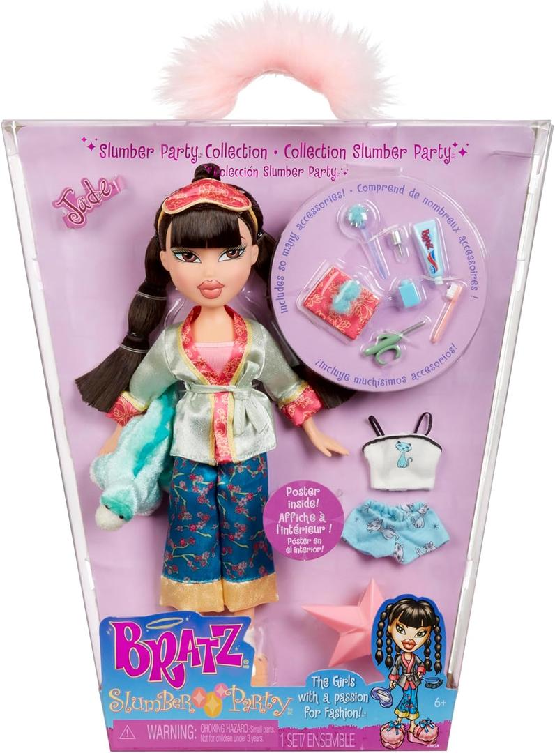 Bratz Slumber Party Jade Fashion Doll with 2 Sets of Pajamas, Plush, and Accessories