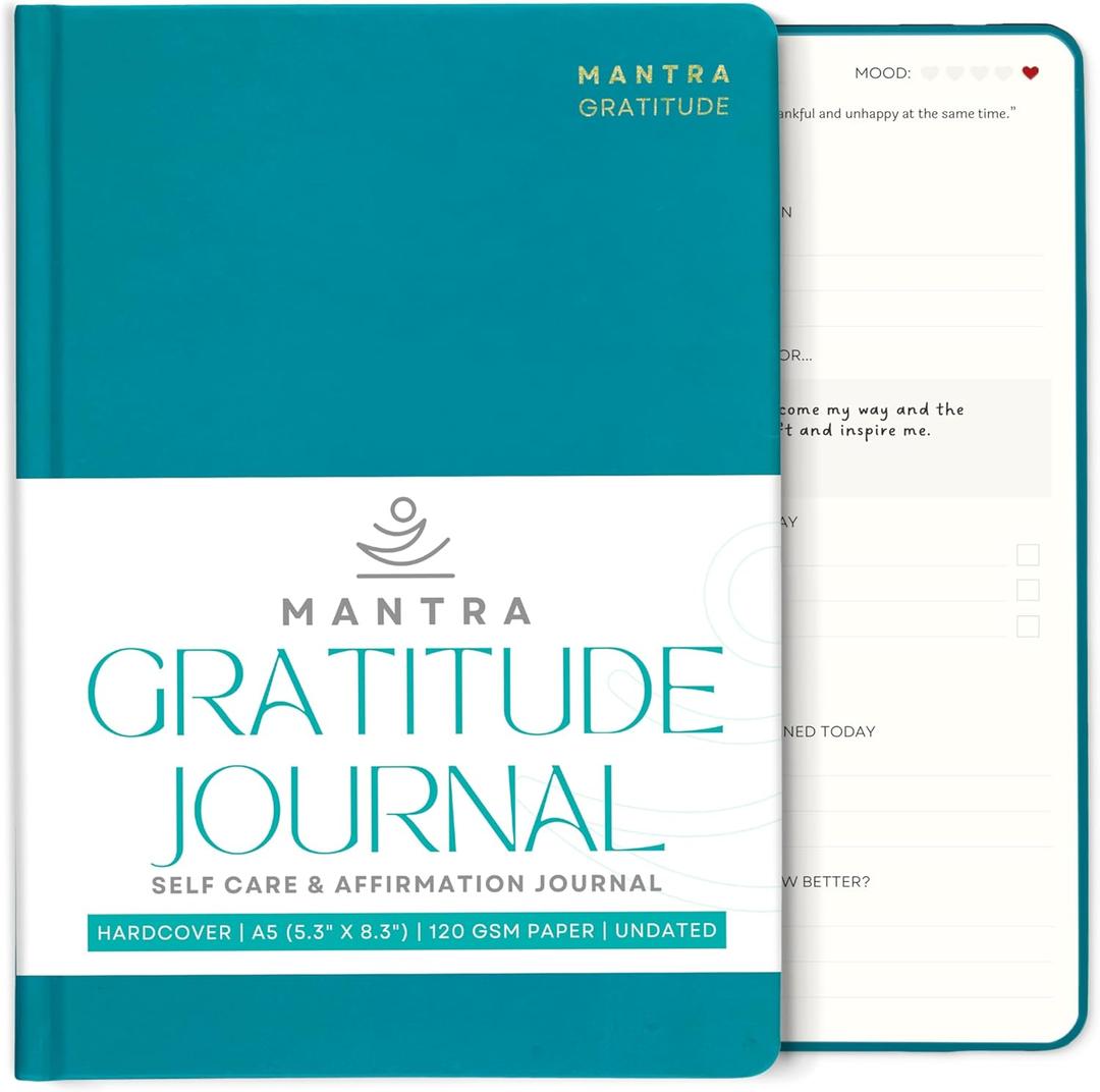 Gratitude Journal For Women & Men - Mental Health, Self Love & Self Care Journal - Teal - 5.8" x 8.3" - Mantra Planner (Green)
