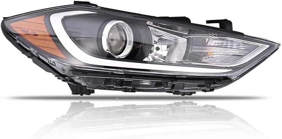 1 PC Right Headlight Assembly for 2017 2018 Hyundai Elantra (Not Fit Elantra GT Models), Passenger Side Halogen Headlamps Clear Lens Black Housing Amber Reflector