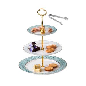 Jusalpha 3-tier Elegant Blue Ceramic Cake Stand/Cupcake Stand/Dessert Stand/Tea Party Pastry Serving Platter/Food Display, Stand, Comes In a Gift Box- Free Sugar Tong JQ-3RG (Blue)