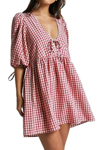 PINUPART Women's Summer Coverup Beach Picnic Gingham Puff Sleeve Tie Front Babydoll Mini Dress Red White Medium
