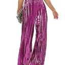 heipeiwa Women's Shiny Pleated Wide Leg Pants Party Nightout High Elastic Waist Trouser Outfit Clubwear Hot Pink Medium