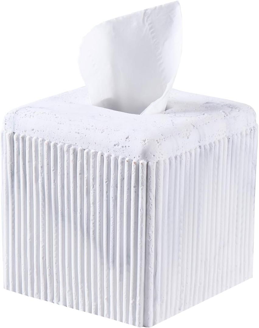 White Travertine Texture Striped Square Tissue Box Cover Decorative,Resin Heavy Sturdy Tissue Box Holder, Facial Paper Holder for Bathroom Vanity Countertop, Bedroom Night Stand,Office and End Table