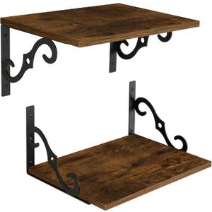 DINZI LVJ Deep Floating Shelves, 16" W x 12" D Wall Shelves Set of 2, Wide Display Shelf Wall Mounted with Brackets, Easy-to-Install Wall Bookshelf for Living Room, Bathroom, Bedroom, Rustic Brown (15.7 Inch)