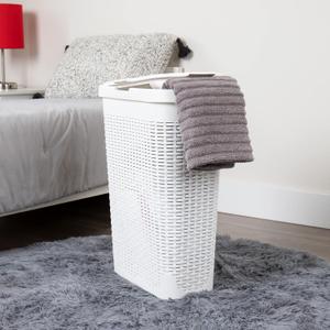 Mind Reader Slim Laundry Hamper with Lid, 40L Clothes Basket, Narrow Tapered Design with Ventilated Cutout Pattern, Plastic, 1 Pc, White