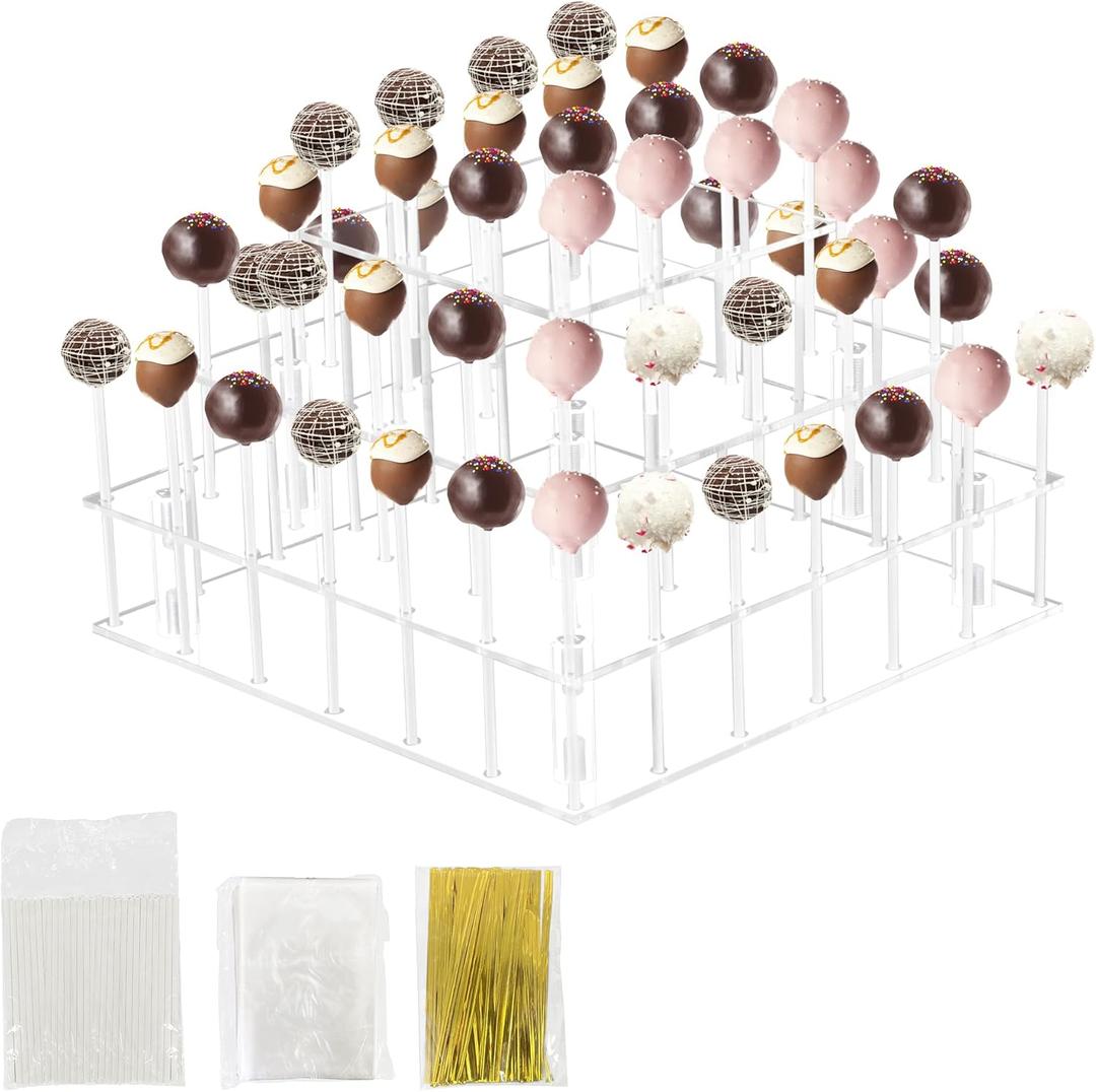 3 Tier Cake Pop Stand, 56 Holes Acrylic Cake Pop Holder Stand, Clear Cake Pop Display Stand Holder, Lollipop Square Display Stand with Sticks and Wrappers for Weddings Birthday Parties