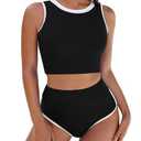 Pink Queen Women's High Waisted Bikini Sets Crew Neck Sporty 2 Piece Swimsuit Color Block High Cut Bathing Suit Black S