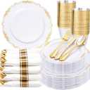 U-QE 175-Piece White Gold Plastic Dinnerware Set - 25 Dinner Plates, 25 Dessert Plates, 25 Rolled Napkins, 25 Cups (9 oz), Gold Cutlery - BPA-Free, Disposable, Ideal for Parties, Weddings, Holidays