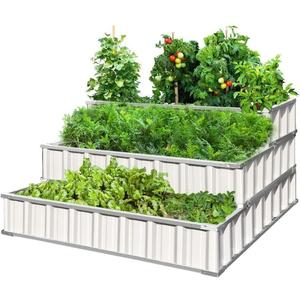 KING BIRD 3 Tiers Raised Garden Bed Dismountable Frame Galvanized Steel Metal Patio Garden Elevated Planter Box 46" x 46" x 23.6" for Growing Vegetables Flowers (Ivory)