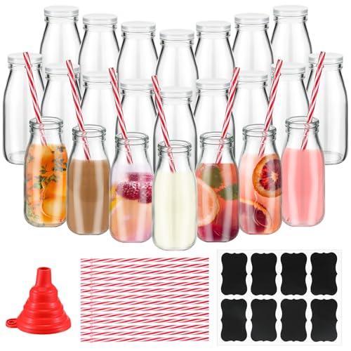 Tioncy 20 Pack 8.5oz Glass Milk Bottles with Lid and Straws Reusable Glass Bottles Bulk Vintage Breakfast Creamer Container with Labels Funnel for Milk Birthday Wedding Party Favor