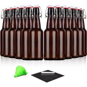 Amber Beer Bottles with Flip Caps, 12oz Glass Bottle with Swinging Top for Airtight Lids, Home Brewing and Fermentation Kombucha, Vanilla Extract, Beverage, Water, Kefir (12 Pack)