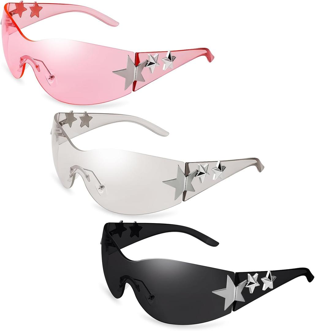 3 Pairs Y2K Sunglasses for Women Men Trendy Shield Wrap Around Sun Glasses, Rimless Star, Oversized Fashion Frameless Glasses (Black, Silver,pink)