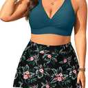 Women's Plus Size High Waisted Bikini - Two Piece Swimsuit with Skirt 2025 Tummy Control Bathing Suit with Pocket Green and Flower, Size: 16W