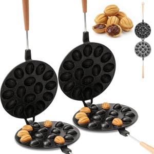 Fumete Walnut Cookie Mold Maker - 2 Sets (32-Hole Total) Oreshki Walnut Treat Pans, Non-Stick Aluminum Alloy Stove-Top Cookie Pan Set for Russian & Eastern European Treats
