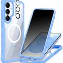CENHUFO Magnetic Privacy for Samsung Galaxy S25 Case, Full Body Phone Case with Built-in 9H Tempered Glass Privacy Screen Protector and Camera Lens Cover, Shockproof Protective Bumper - Light Blue