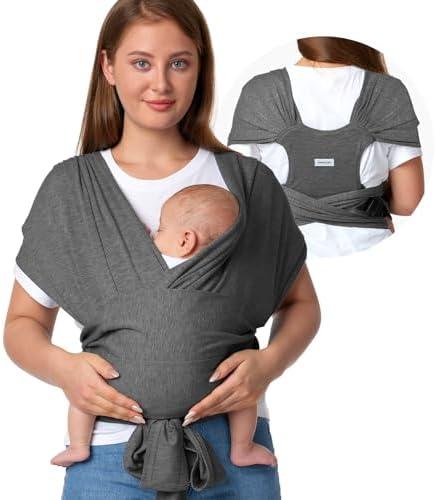 Momtory Baby Wrap Carrier Skin-Friendly Fabric, Easy to Wear Baby Carrier Sling T-Shirt Design, Hands Free Baby Carriers Newborn to Toddler 8-35lbs, Adjustable Buckle for Waist 30-47inch, Deep Grey