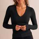 Prettywear Sexy Deep V Neck Long Sleeve Shirts for Women Ribbed Going Out Tops Fitted Casual Basic 2026 Spring Summer Clothes (Black, XS)