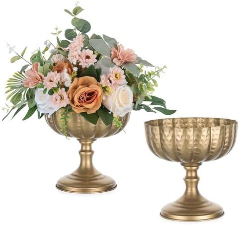 Sziqiqi Gold Urn Vase for Wedding: 7.9in Brass Centrepieces Distressed Compote Vases for Table Decorations - Set of 2 Metal Flower Arrangement for Floral - Pedestal Bowl Decor for Party Anniversary