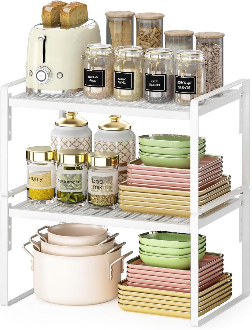 2 Pack Kitchen Countertop Organizer, Stackable Cabinet Shelf Organizer, 2 Tier Adjustable Kitchen Counter Shelves Riser For Pantry Cupboard Bathroom Organization And Storage, Desk Shelf,Spice Rack (White, 10.51"D x 16"W x 8.26"H)