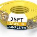 25FT 12/3 Gauge Heavy Duty Outdoor Extension Cord Waterproof, Weatherproof -58F to 140F with Lighted Outlet & Press-Release Lock, 15A 1875W 3 Prong, SJTW Electrical Power Cord, ETL Listed (Yellow)