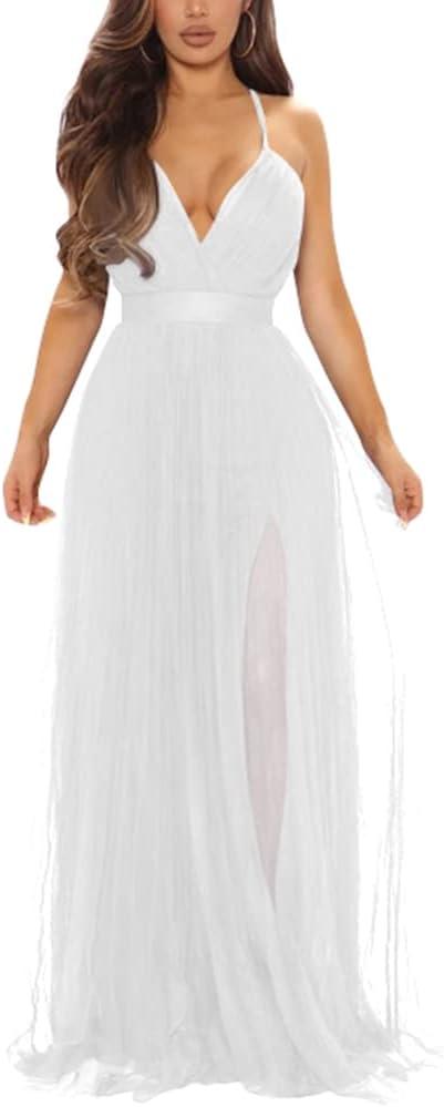 XXTAXN Women's Sexy Deep V Neck Split Cocktail Party Formal Bridesmaid Maxi Dress (XX-Large, White)