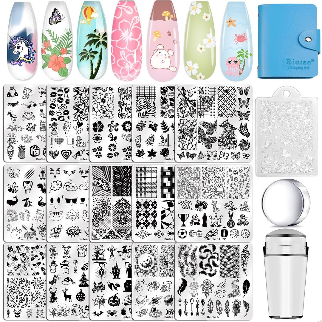 Biutee Nail Stamping Plates Set 15PCS Nail Art Stamper Scraper Nail Art Stamping Kit with Storage Bag Gift Box Nail Stamp Template Kit Lace Flower Butterfly Star Holiday Design