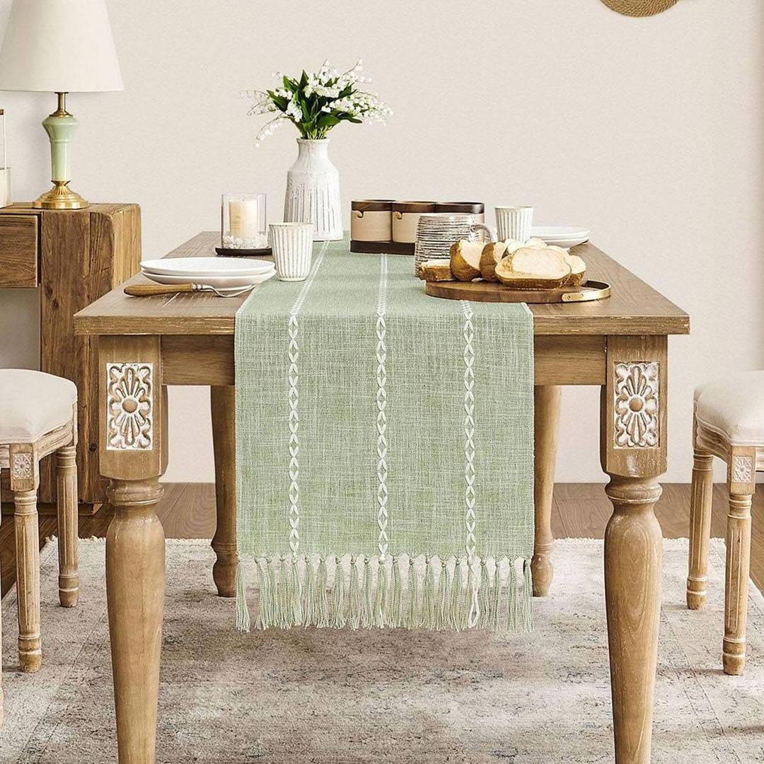 ZeeMart Farmhouse Table Runner - Rustic Linen Boho 36 Inches Long, Braided Striped Green for Dining Party Holiday, 15x36 Inches, Desert Sage