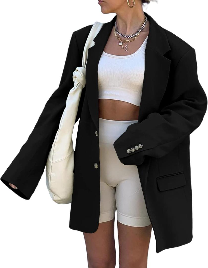 Grlasen Women Casual Elegant Long Sleeve Oversized Lapel Blazers Open Front Solid Work Office Jacket Blazer (Medium, Black)