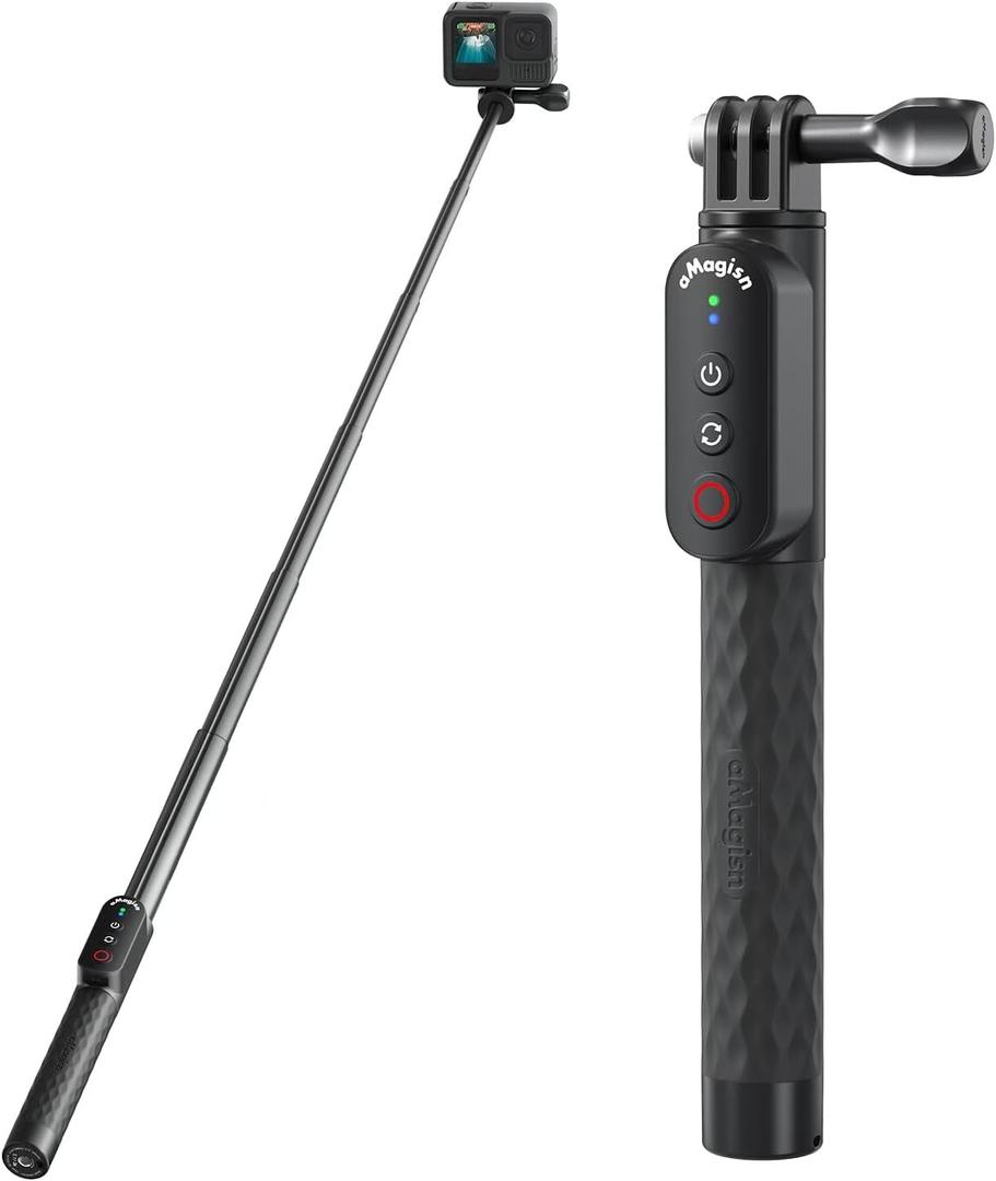 Remote Control Selfie Stick Rechargeable Waterproof 100CM Stretchable Compatible with Insta360/Gopro Action Camera and iOS Android Smartphone (Three-Prong)