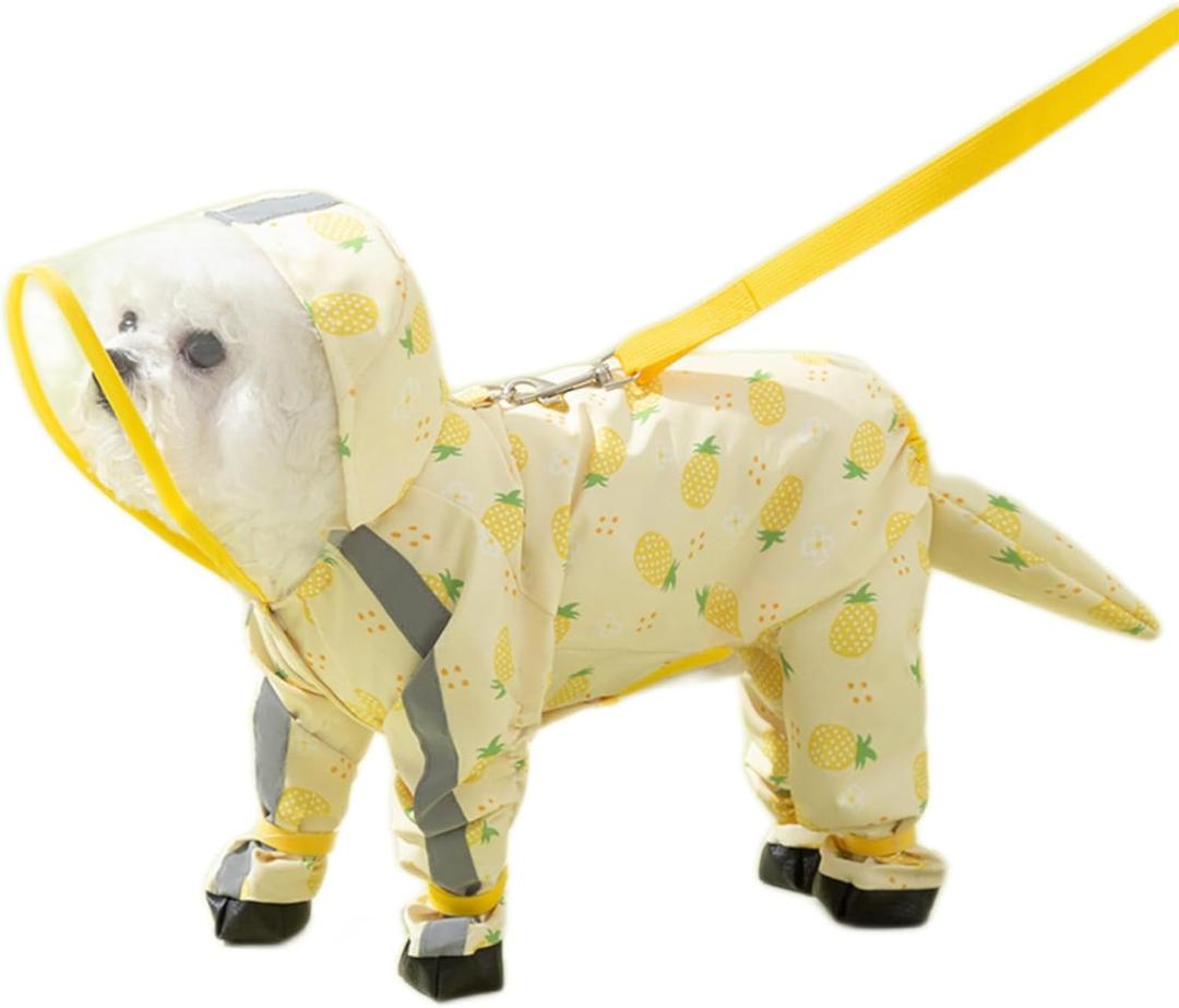 Waterproof Dog Raincoat,Full Coverage 4 Legs Dog Rain Jacket for Small Dogs,Pet Rain Coat with Hood,Reflective Strips&Leash Hole Outdoor Raincoat (XS Smallfor Weight 3.3-5 lb, Pineapple)