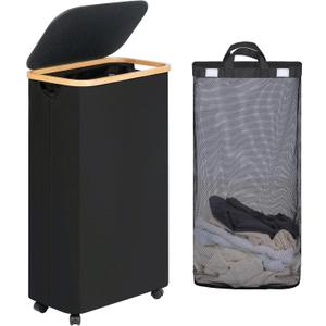 efluky Slim Laundry Basket with Wheels, Narrow Rolling Laundry Hamper with Lid and Removable Bag, Aesthetic Dirty Clothes Hamper on Wheels for Laundry Room, Bedroom, Dorm and Bathroom, 75L Dark Black