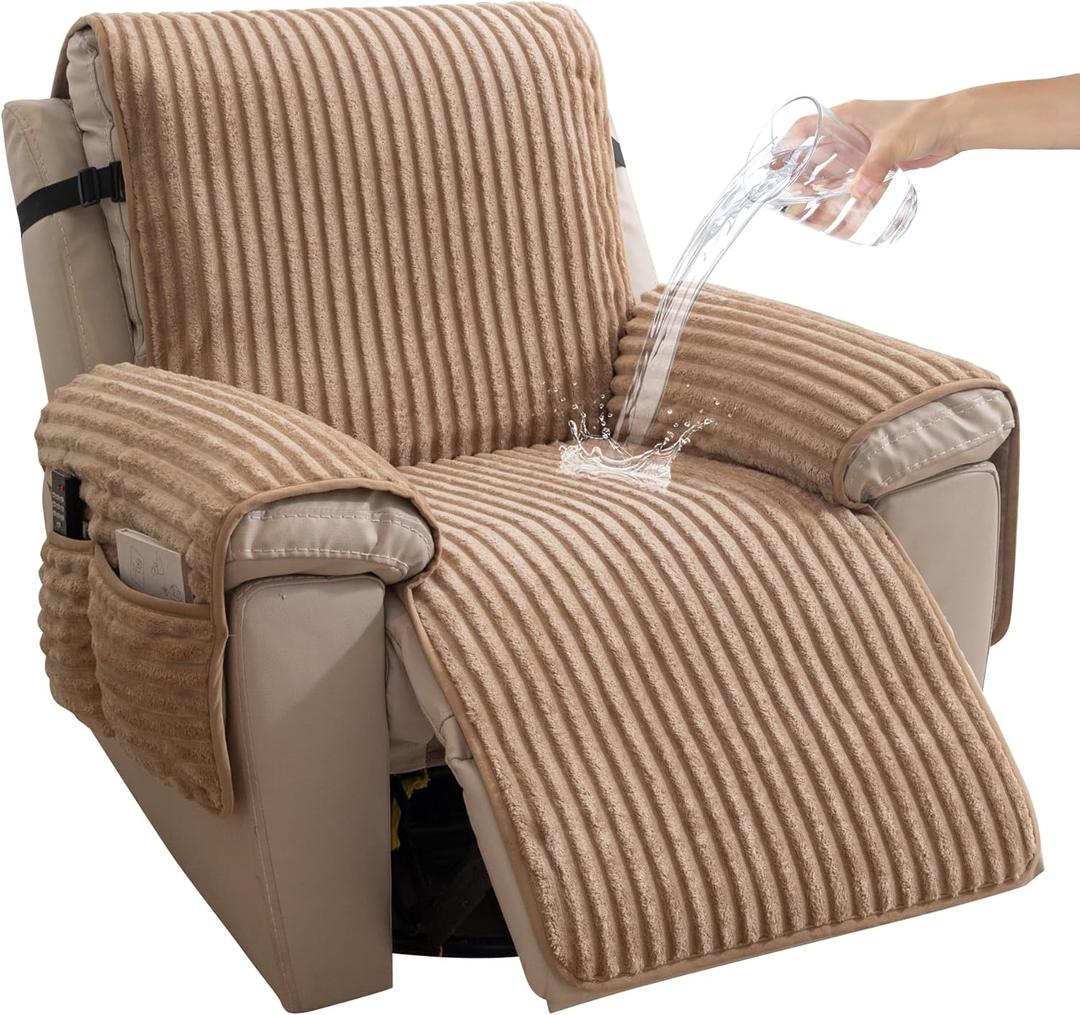 HAOMAIJIA Faux Fur Recliner Chair Covers Non-Slip Waterproof Recliner Covers That Stay in Place Warm Thick Lazy Boy Recliner Cover for Dogs Furniture Protector Pet Friendly (Khaki, 23'')