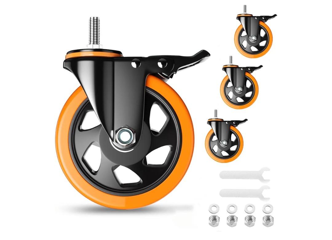5 Inch Caster Wheels, Threaded Stem Casters Set of 4 Heavy Duty, Swivel Casters 1/2"-13 x 1 (Screw Diameter 1/2", Stem Length 1"), Safety Dual Locking Industrial Casters, Wheels for Cart, Furniture