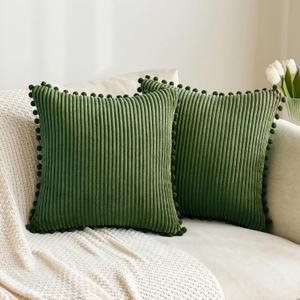MIULEE Boho Decorative Throw Pillow Covers with Pom-poms, Soft Corduroy Square Solid Cushion Cases for Couch Sofa Bedroom, 18x18 inch Moss Green (18" x 18" (Pack of 2))