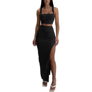 ELLEVEN Two Piece Maxi Skirt Sets for Women, Square Neck Tank Tops with High Side Slit Dress Sets Summer Outfits (Small, Black)