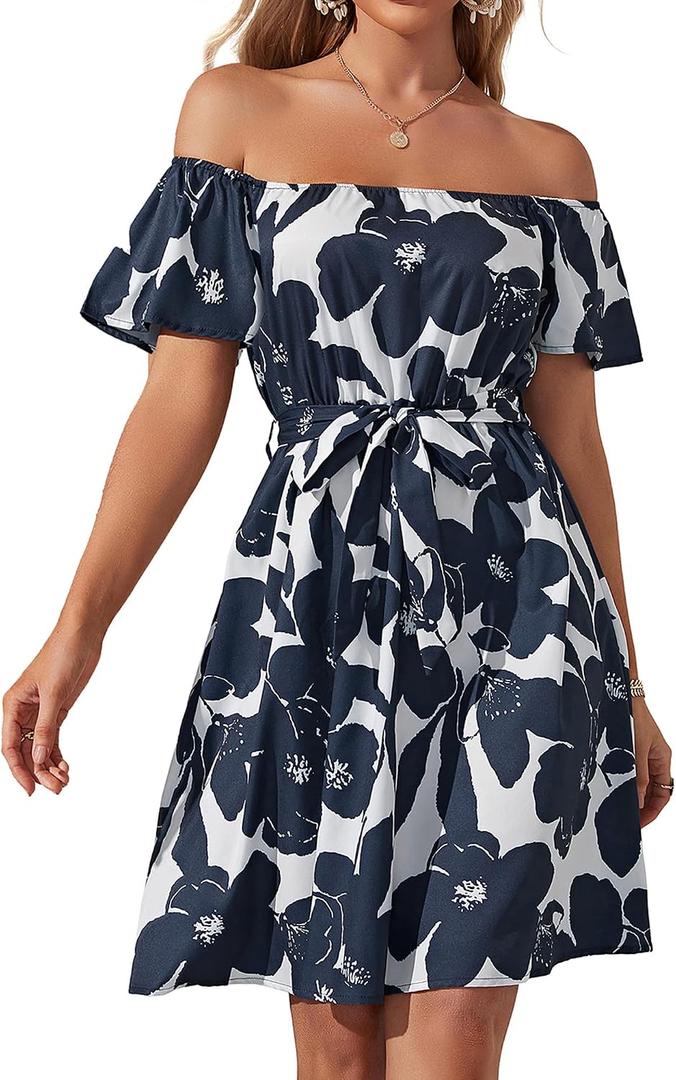 Off Shoulder Ruffle Dress for Women, A-Line Mini Dress with Belt, Fitted Bust Summer Wedding Guest Dress (L)