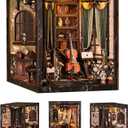 Book Nook Kits for Adults - Four Sides Uniquely Styled Miniature House Kit for Bookshelf Decor, Wooden DIY 3D Puzzles with LED Lampline & Dust Cover, Creative Craft Gift for Music & Book Lover